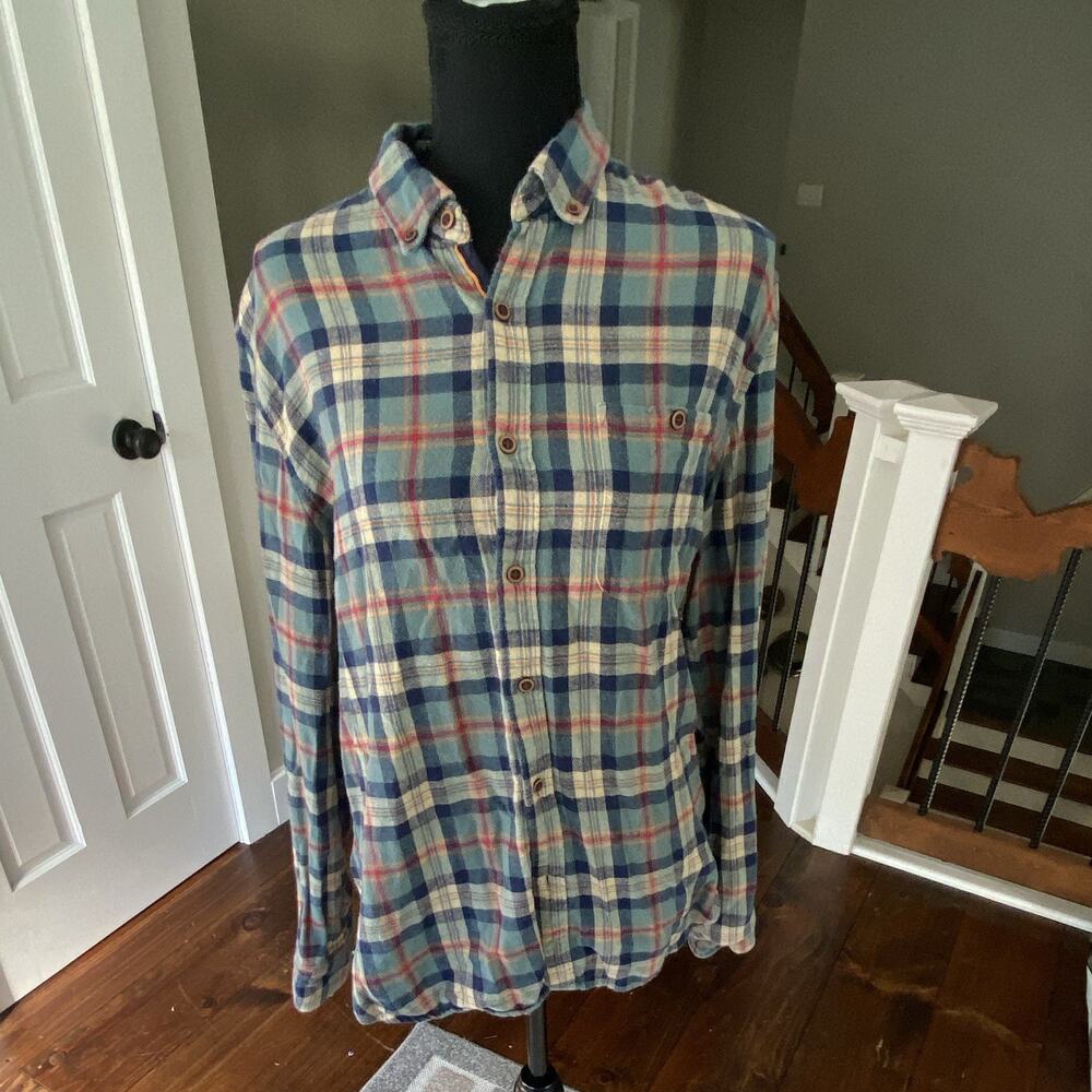 Denim & Flower Flannel Plaid Button-Up Shirt XL Slim Long Sleeve Blue/Red/Beige